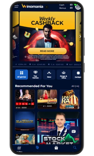 Winomania Casino homepage with cashback promotion