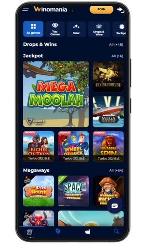 Winomania jackpot and Megaways slots selection